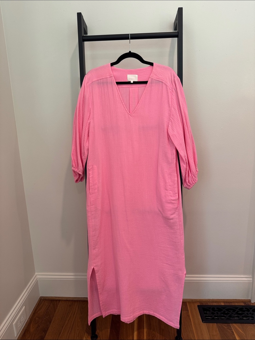 Relaxed V-Neck Long Sleeve Pink Maxi Dress